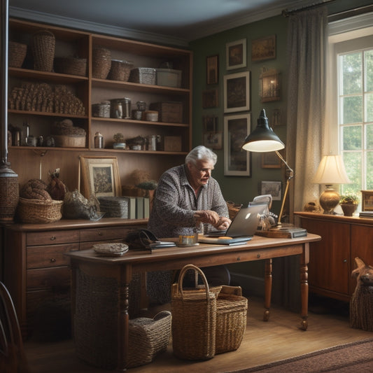 A serene, well-lit room with a senior adult in the background, surrounded by organized shelves, labeled baskets, and a tidy desk with a computer, showcasing a calm and clutter-free living space.