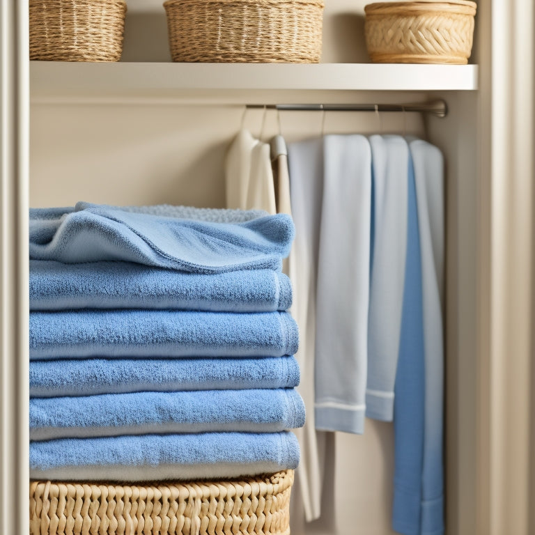 A serene, well-organized linen closet with soft, golden lighting, featuring crisp, folded sheets in a woven basket, and neatly stacked towels in a calming blue hue.