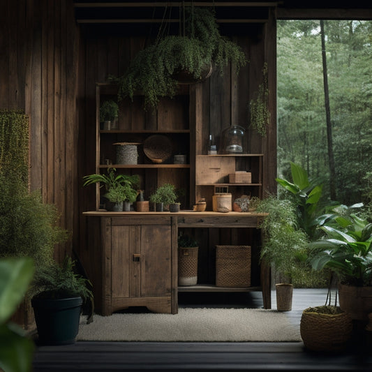 A serene, natural-lit workshop with reclaimed wood planks, handcrafted wooden cabinets, and a few subtle hints of eco-friendly materials like bamboo and recycled metal, surrounded by lush greenery.