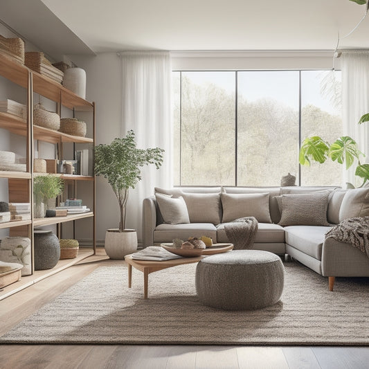 A serene, clutter-free living room with a sleek, wall-mounted shelf system, woven baskets, and a plush area rug, illuminated by natural light pouring in through floor-to-ceiling windows.