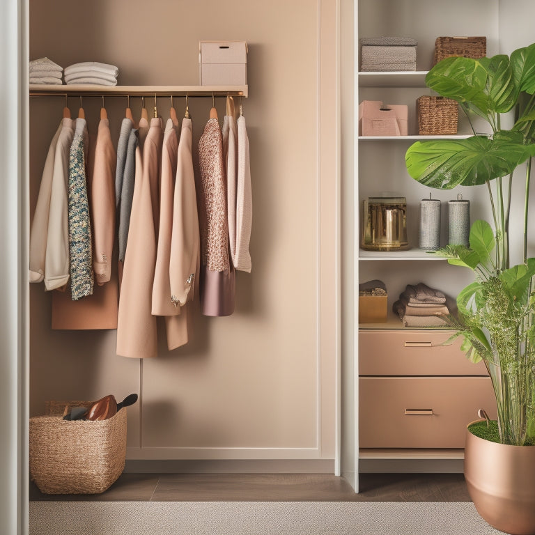 A serene, well-lit closet interior with sleek, minimalist shelving, colorful bins, and a few stylish outfits hung on rose-gold hooks, surrounded by lush greenery and a few decorative accents.