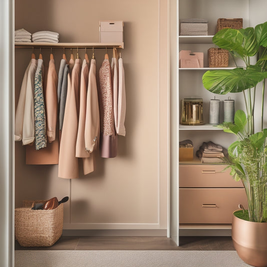 A serene, well-lit closet interior with sleek, minimalist shelving, colorful bins, and a few stylish outfits hung on rose-gold hooks, surrounded by lush greenery and a few decorative accents.