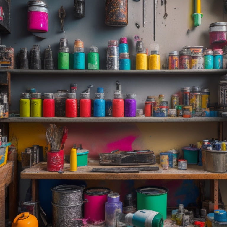 A clutter-free workshop with a pegboard displaying neatly organized spray paint cans, each attached to a sturdy metal clip, surrounded by colorful paint-splattered tools and a few artistic masterpieces in the background.