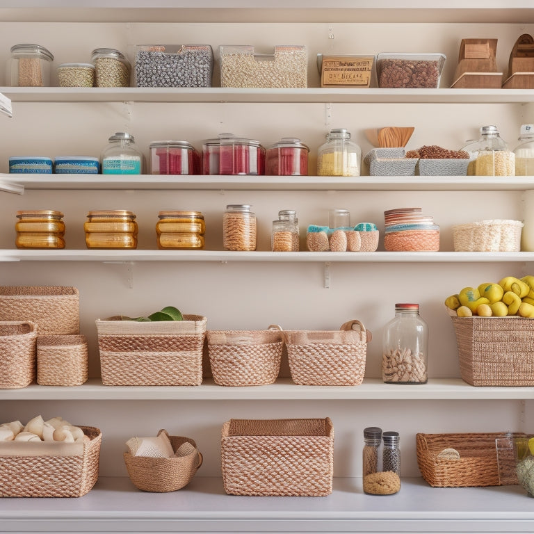 A bright, organized kitchen pantry with adjustable shelves, woven baskets, and clear glass jars filled with neatly stacked food items, surrounded by a soft, neutral-colored background.