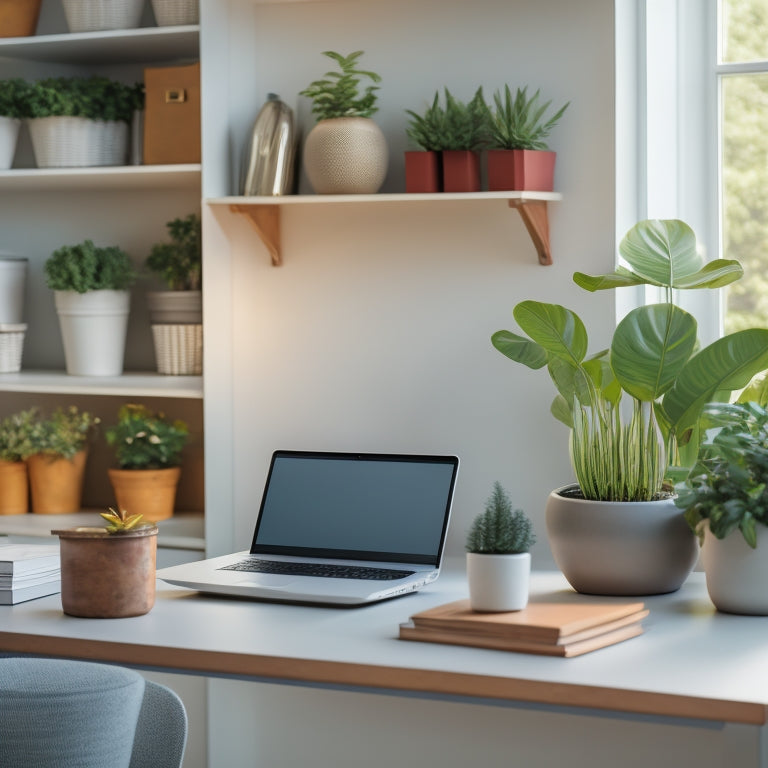 A serene, minimalist study with a laptop, a tidy desk, and a few organized notebooks, surrounded by blurred background of shelves with labeled storage bins and a few potted plants.