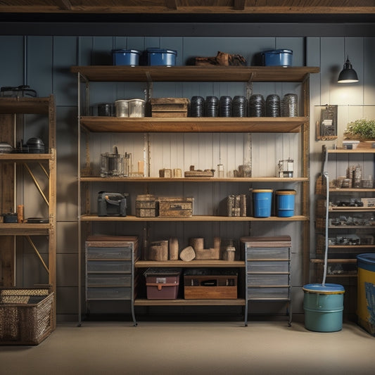 A well-lit, organized garage with three different DIY shelving units: a wall-mounted slatwall with bins and hooks, a freestanding industrial pipe shelving unit, and a rustic wooden crate shelving system.