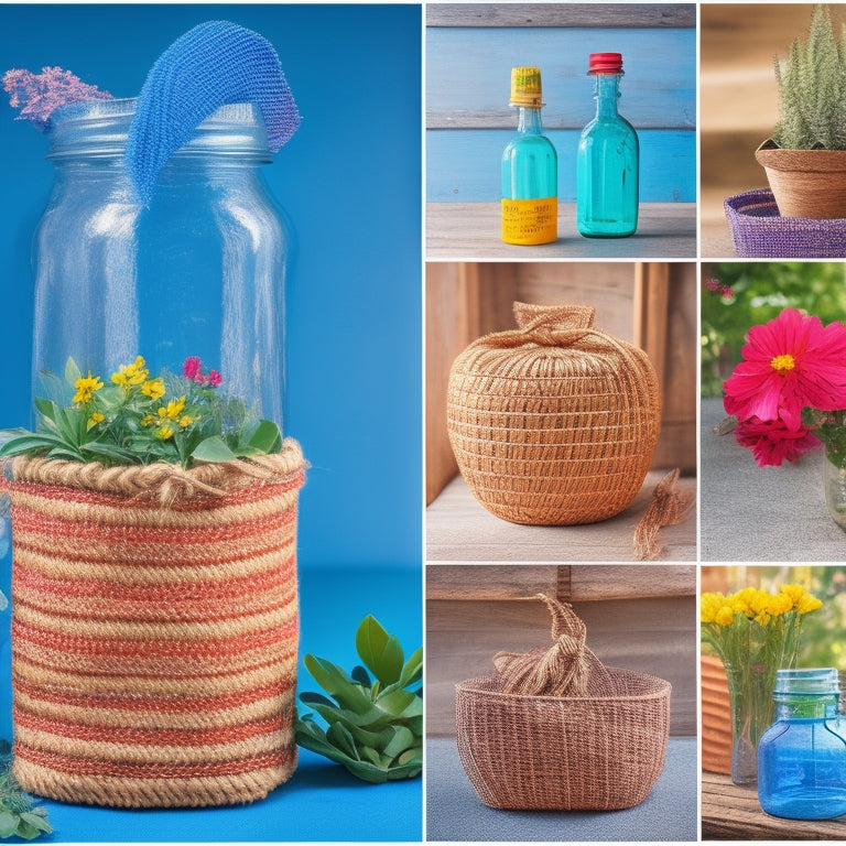 A colorful, organized collage of repurposed items: a mason jar vase, a refurbished wooden table, a DIY planter made from an old boot, and a basket woven from recycled plastic bags.