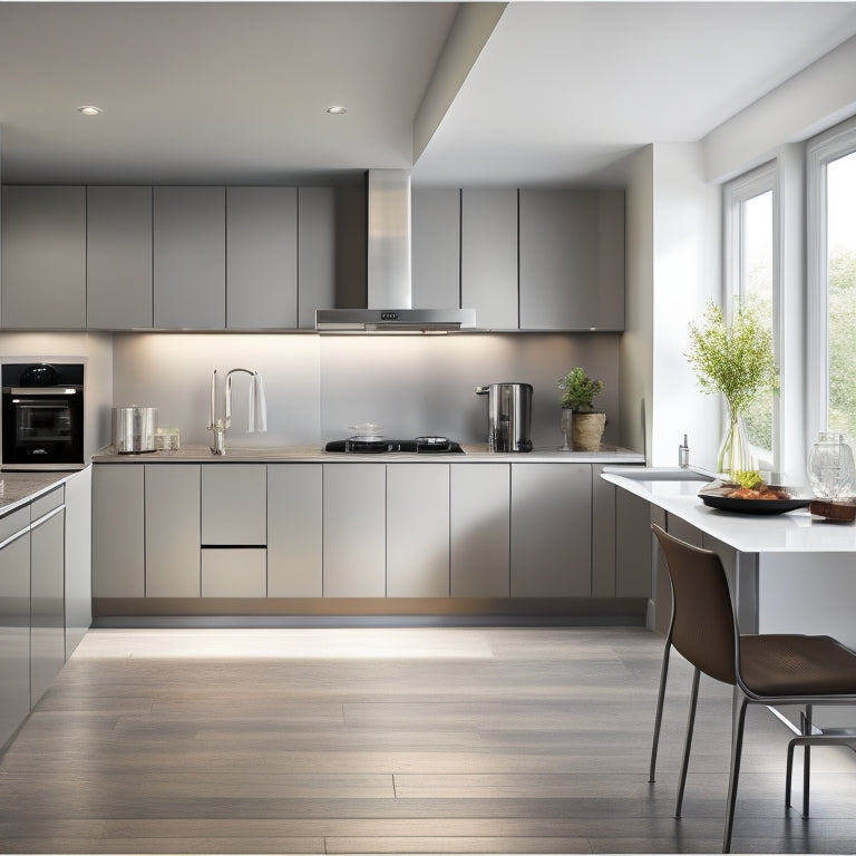 An L-shaped galley kitchen with sleek, high-gloss cabinets, a wall-mounted fold-down table, and a retractable range hood, set against a backdrop of light gray walls and polished chrome accents.