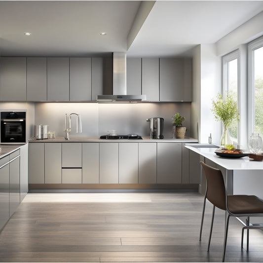 An L-shaped galley kitchen with sleek, high-gloss cabinets, a wall-mounted fold-down table, and a retractable range hood, set against a backdrop of light gray walls and polished chrome accents.