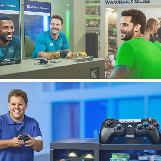 A split-screen image featuring a Costco warehouse shelf with a prominent Xbox console and Game Pass logo display, alongside a gamers' setup with a TV, controller, and joyful gamers playing together.