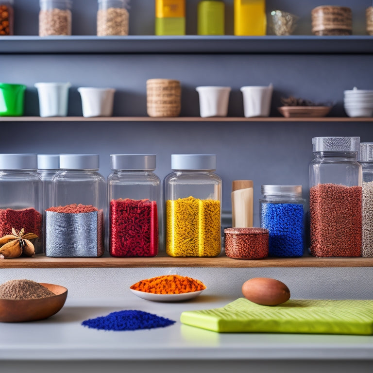 A tidy kitchen countertop with a variety of magnetic spice strips, containers, and tiles in different shapes, sizes, and materials, showcasing organized spice bottles and jars with colorful labels.