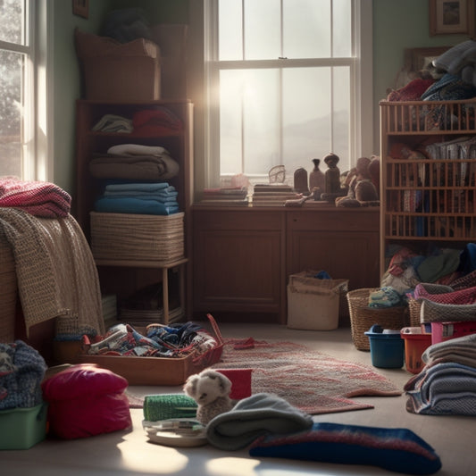 A cluttered living room with piles of clothes, books, and toys, surrounded by empty storage bins, shelves, and cabinets in the background, with a hint of natural light peeking through the window.