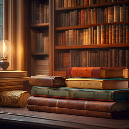 A warm and inviting bookshelf with 12 neatly stacked books, each with a distinct cover, surrounded by cozy reading nooks and a few scattered bookmarks and reading glasses.
