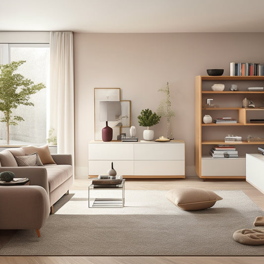 A serene, modern living room with sleek, minimalist furniture, featuring a floor-to-ceiling shelving unit, a storage ottoman, and a hidden desk with a lift-up top, amidst a calm, neutral-colored backdrop.