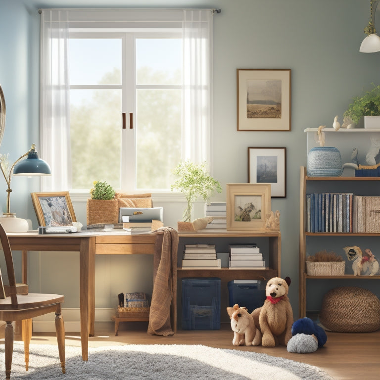A serene living room with a tidy desk, a calendar on the wall, and a few framed family photos, surrounded by organized toys and books, with a subtle background of a sunny day.