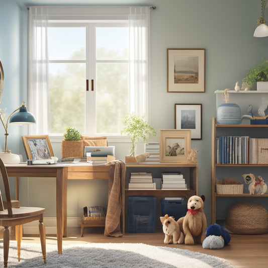A serene living room with a tidy desk, a calendar on the wall, and a few framed family photos, surrounded by organized toys and books, with a subtle background of a sunny day.
