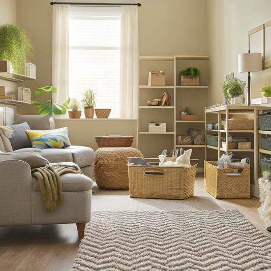 A tidy, organized living room with Dollar Tree storage bins and baskets in various shapes and sizes, arranged on shelves and coffee tables amidst neutral-colored walls and furniture.