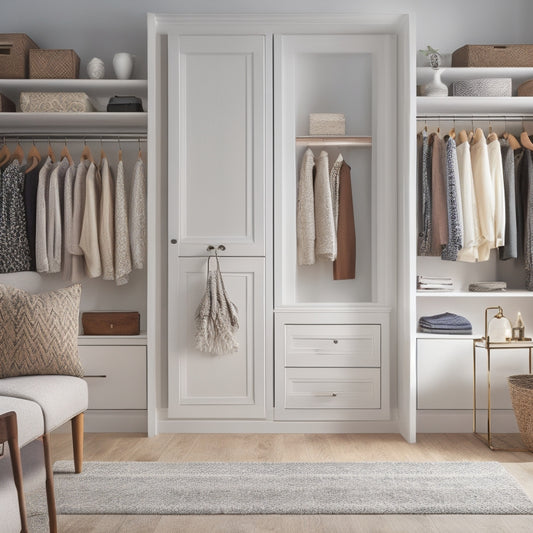 A serene, well-lit closet interior with creamy white walls, dark wood shelves, and a plush area rug. A few stylish outfits are neatly organized on slim, chrome rods, with shoes arranged on a tiered shelf.