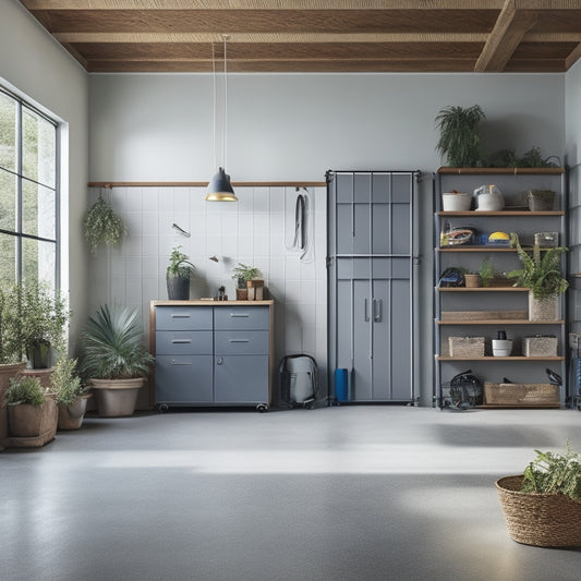 A serene, well-lit garage interior with sleek, wall-mounted storage units, a polished concrete floor, and a few strategically placed plants, surrounded by neatly organized tools and sports equipment.