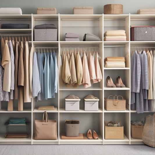 An organized closet with double rods, shelves, and bins, showcasing a neatly folded clothing section, a shoe rack, and a hanging organizer with purses and belts, set against a light gray background.