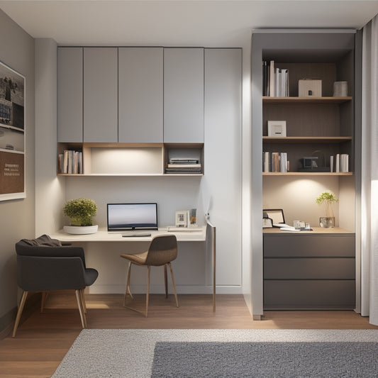 A clutter-free, modern studio apartment with a Murphy bed, wall-mounted shelves, and a sleek, space-saving desk, showcasing a harmonious blend of functionality and minimalism.