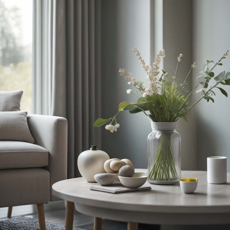 A serene, minimalist living room with a few, carefully-placed decorative items, a vase with fresh flowers, and a subtle hint of natural light, conveying a sense of calm and organization.