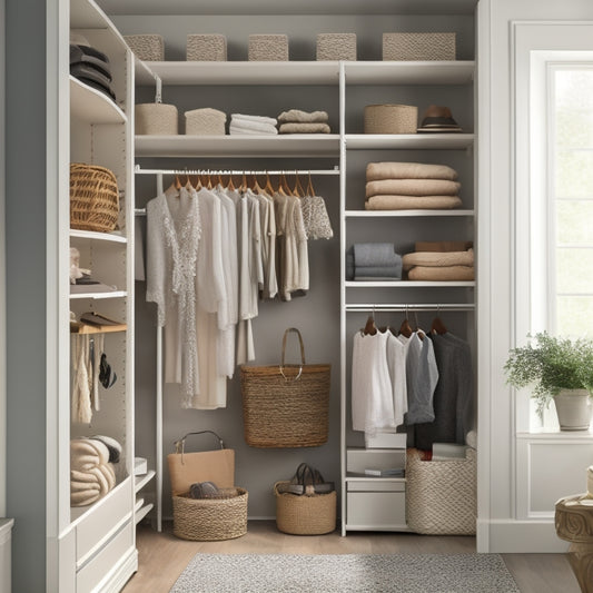 A serene, well-lit closet corner with a customizable shelving system, featuring 5-7 adjustable shelves, 2-3 hanging rods, and 1-2 woven baskets, surrounded by a calming, light-gray background.
