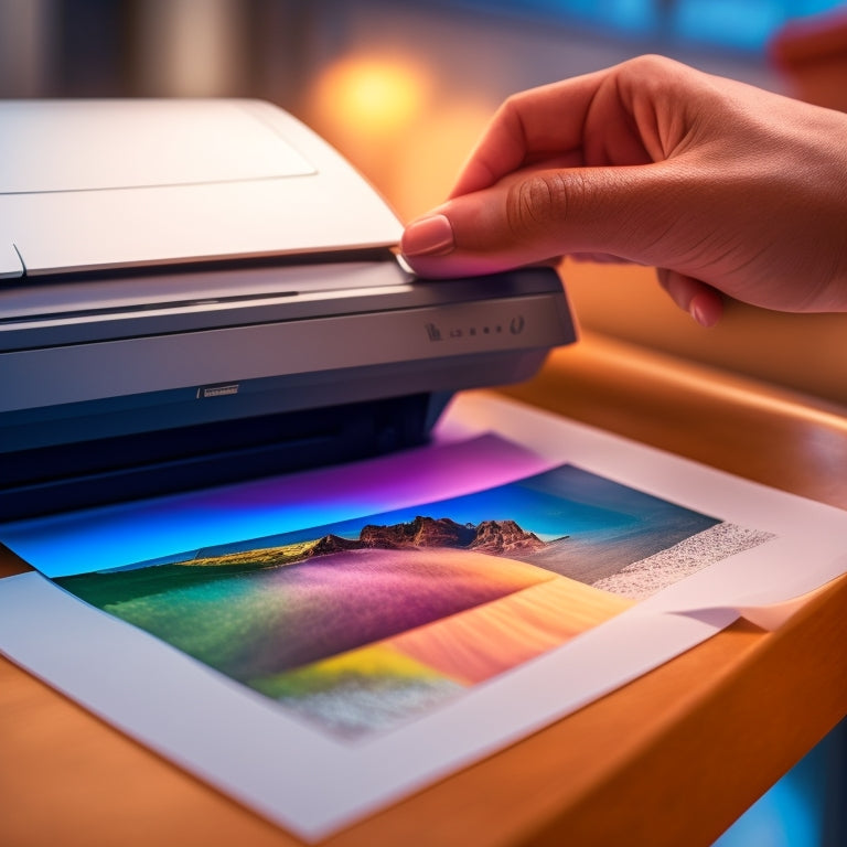 A close-up of a person's hands gently placing a sheet of glossy photo paper into an HP printer's paper tray, with a subtle gradient of warm light and a blurred printer background.