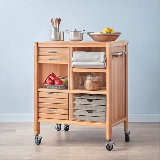 A tidy kitchen cart with 3-4 open drawers, each containing neatly stored utensils, spices, and cookbooks, set against a clean white background with a subtle wood grain accent wall.