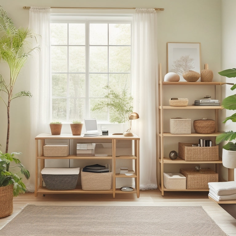 A serene, minimalist living room with a floor-to-ceiling shelving unit, woven baskets, and a compact desk with a built-in corkboard, surrounded by a calming greenery backdrop.