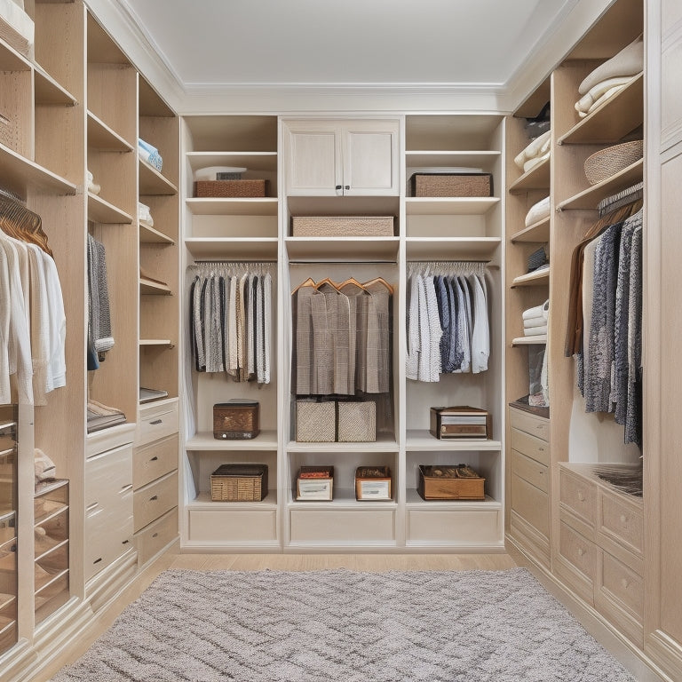 A serene, well-lit walk-in closet with creamy white walls, dark wood floors, and a custom organization system featuring floor-to-ceiling shelves, drawers, and rods in a warm, honey-brown finish.