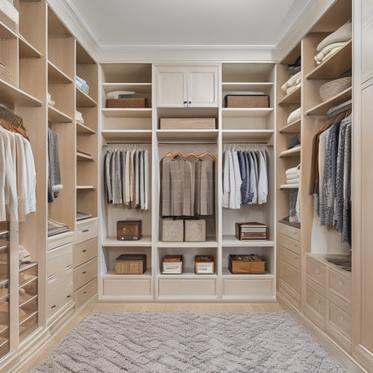 A serene, well-lit walk-in closet with creamy white walls, dark wood floors, and a custom organization system featuring floor-to-ceiling shelves, drawers, and rods in a warm, honey-brown finish.