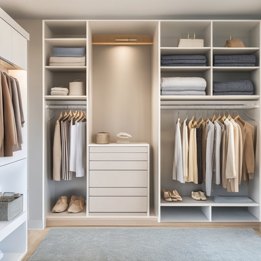 A serene, minimalist closet interior with a neutral color palette, featuring a mix of sleek, floor-to-ceiling shelves and drawers, and a few, strategically-placed, elegant clothing items on display.