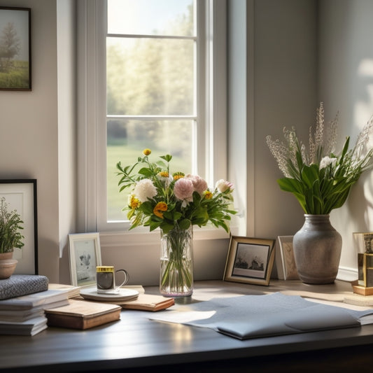 A serene, clutter-free home office with a neatly organized desk, a vase with fresh flowers, and a few framed certificates on the wall, illuminated by soft, natural light filtering through a nearby window.