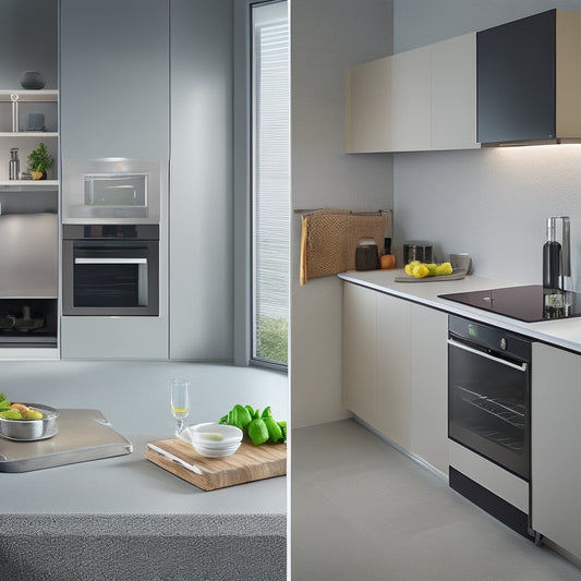 A modern, sleek kitchen counter with a built-in induction cooktop, a compact refrigerator with a see-through door, and a wall-mounted, foldable microwave, all in a harmonious, minimalist arrangement.