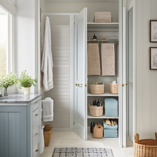 A bright, modern bathroom closet with a double-door cabinet, featuring a rotating shoe rack, woven baskets, and a tiered shelf system, surrounded by soft, natural light and a calming color palette.