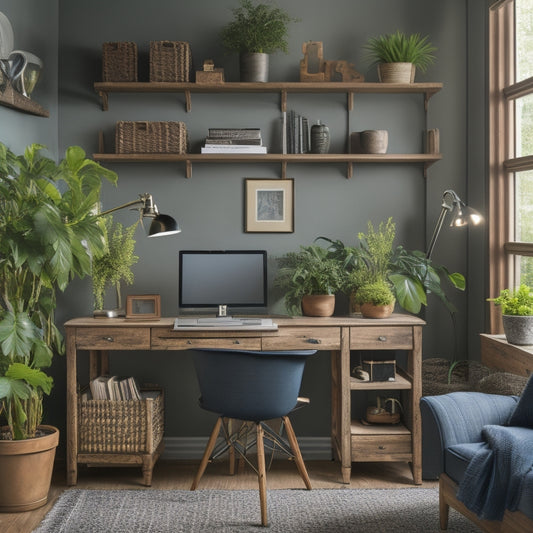 A serene, organized, and well-lit home office with a wooden desk, a few rolled-up blueprints, and a vase with fresh greenery, surrounded by neatly stacked home improvement books and a laptop.