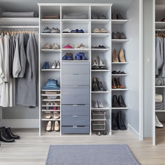 A tidy, modern walk-in closet with sleek shelves, a shoe rack, and a desktop computer displaying a digital inventory spreadsheet, surrounded by scattered shoes and storage bins.