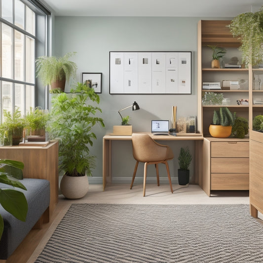 A clutter-free, minimalist room with a Murphy bed, hidden storage ottoman, and a floor-to-ceiling shelving unit with woven baskets, surrounded by a few potted plants and a small, sleek desk.