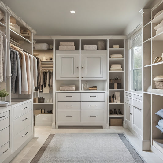 A serene, well-lit walk-in closet with a neutral color palette, featuring a custom shelving system, double rods, and a central island with drawers, surrounded by neatly organized clothing and accessories.