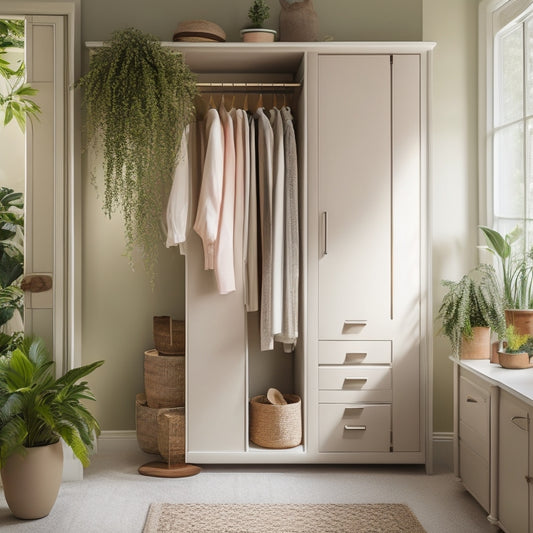 A serene, well-lit closet interior with a mix of pastel-hued and natural wood furniture, adorned with lush greenery, and a few carefully hung, vibrant outfits, evoking a sense of calm and joy.