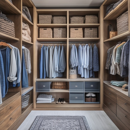 A beautifully organized walk-in closet with 10 different DIY shelving and storage systems, showcasing various materials like reclaimed wood, metal, and fabric, with a mix of open and closed storage.