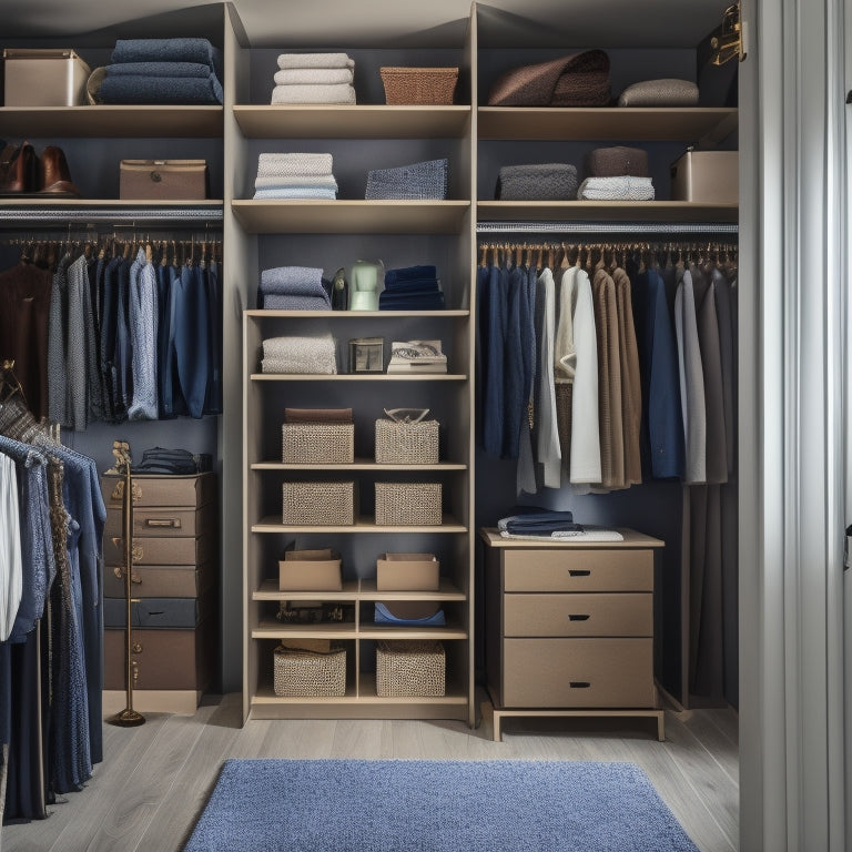 A serene, well-lit closet with neatly arranged clothes on wooden shelves, color-coordinated and categorized by type, with sleek storage bins and a few elegant accessories like a velvet jewelry box.