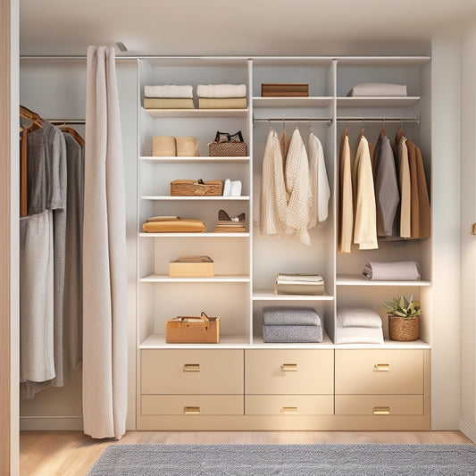 A serene, minimalist closet with a combination of shelves, drawers, and rods, featuring a mix of open and closed storage, with soft, warm lighting and a few strategically placed decorative items.