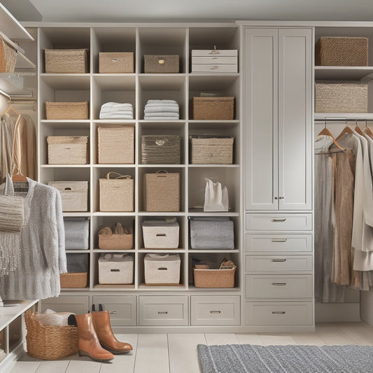 A tidy closet interior with a mix of open shelves, drawers, and hanging rods, featuring baskets, bins, and dividers in neutral tones, with a few stylish shoes and accessories visible.