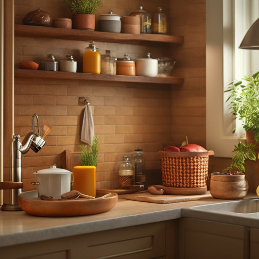 A cozy kitchen corner with a wooden utensil organizer, a three-tiered spice rack, and a compact sink-mounted soap dispenser, surrounded by warm lighting and earthy-toned kitchenware.