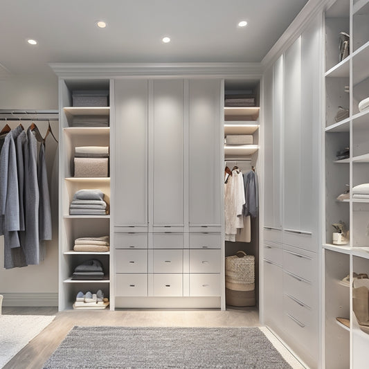 A serene, modern, walk-in closet with sleek, floor-to-ceiling shelves, drawers, and rods in a calming gray and white color scheme, illuminated by soft, warm lighting.