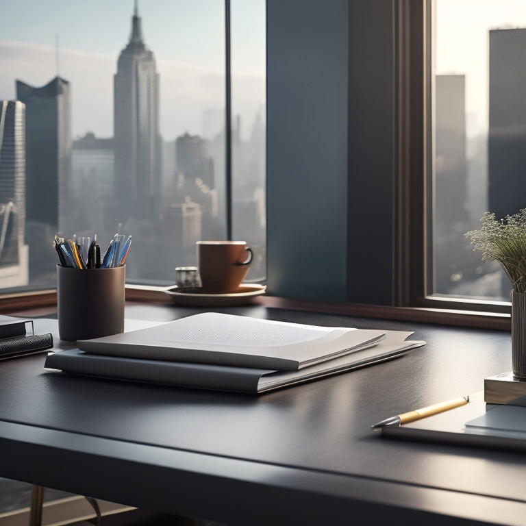 A serene, minimalist workspace with a tidy desk, a single, leather-bound planner, and a few, carefully selected, essential office supplies, surrounded by a blurred cityscape background.