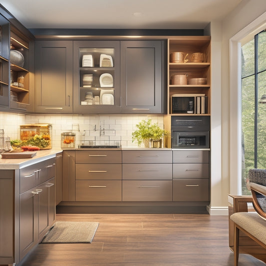 A sleek, modern kitchen with a floor-to-ceiling cabinet featuring pull-out baskets, adjustable shelves, and a built-in spice rack, surrounded by polished countertops and stainless steel appliances.