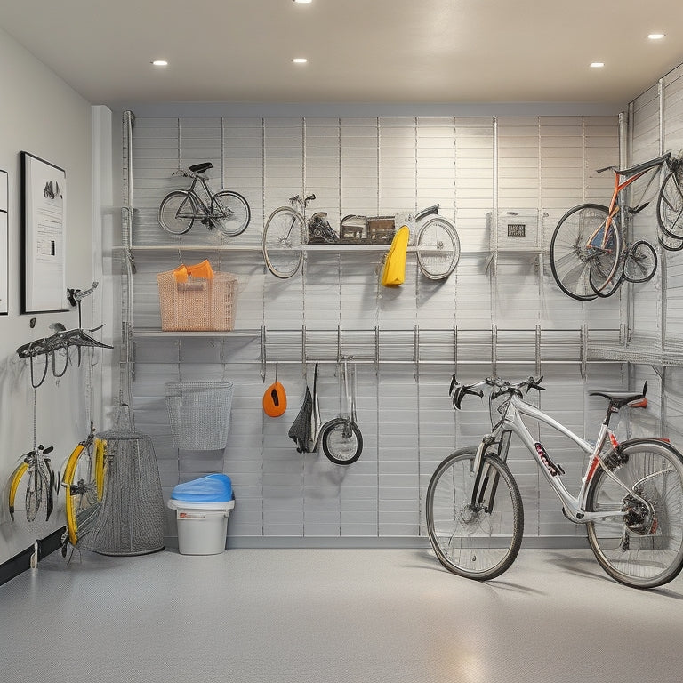 A well-organized garage interior with sleek, silver overhead storage racks, wall-mounted bike hooks, and a floor-to-ceiling slatwall with neatly arranged bins and baskets, set against a light gray background.